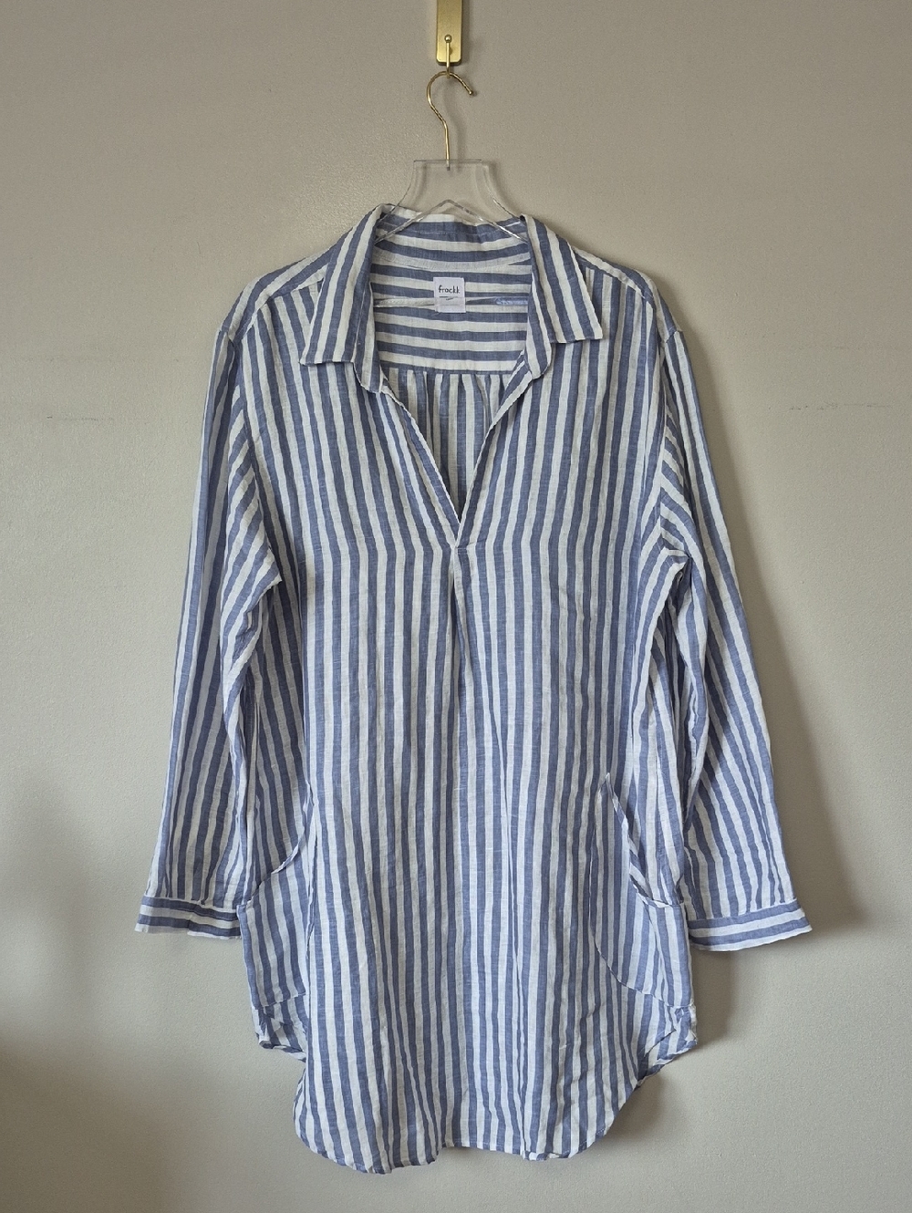 Frockk Size XL White Blue Striped Linen Popover Dress Coastal Vacation Beach